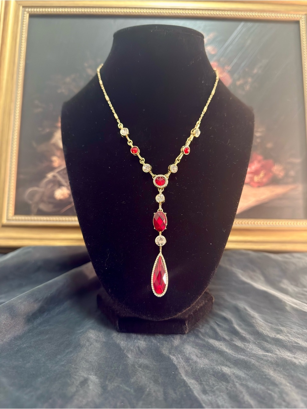 Vintage Anne Klein Gold-Tone Necklace with Red Crystals